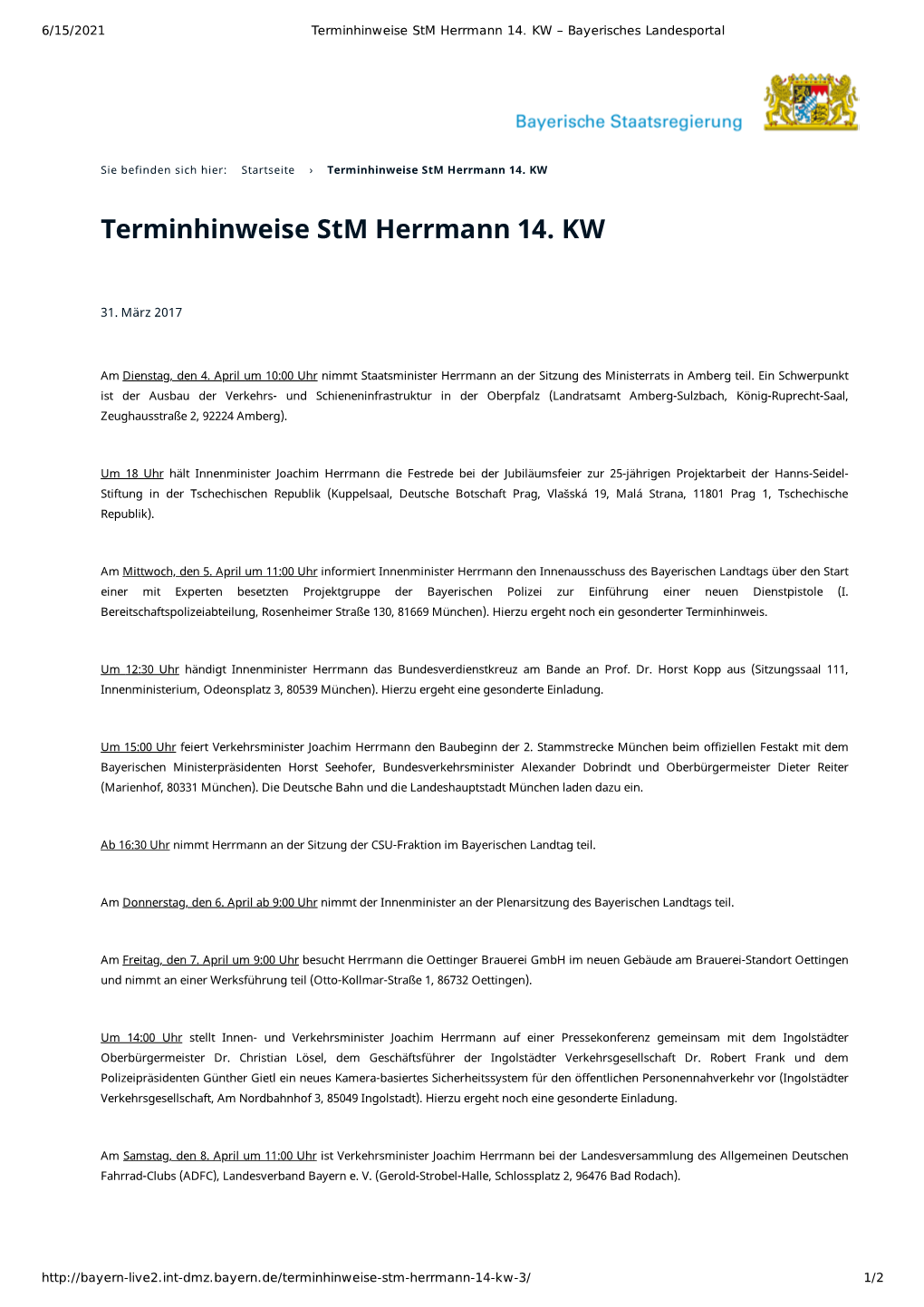 Terminhinweise Stm Herrmann 14. KW – Bayerisches Landesportal