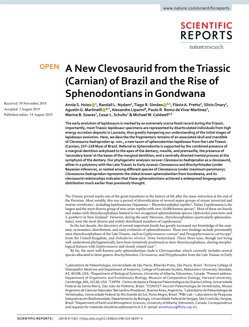 (Carnian) of Brazil and the Rise of Sphenodontians in Gondwana Received: 30 November 2018 Annie S