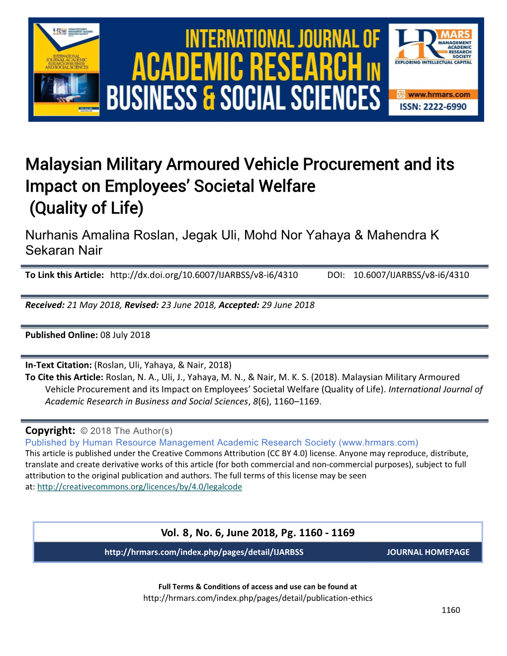 Malaysian Military Armoured Vehicle Procurement and Its Impact on Employees’ Societal Welfare (Quality of Life)