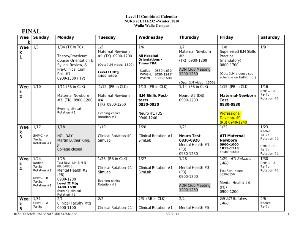 Level II Combined Calendar