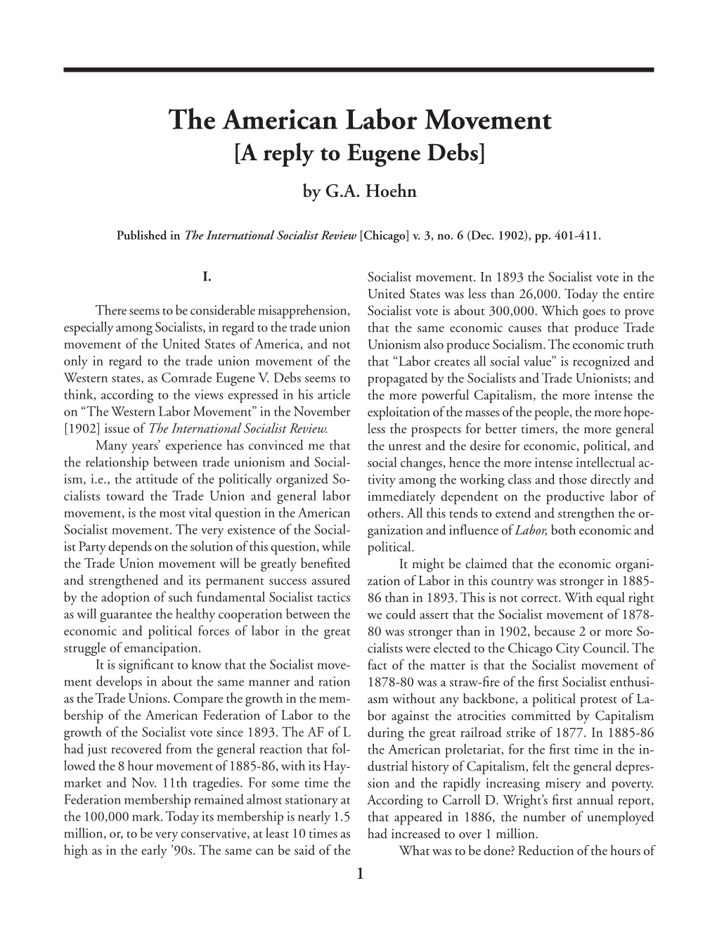 The American Labor Movement: a Reply to Eugene Debs