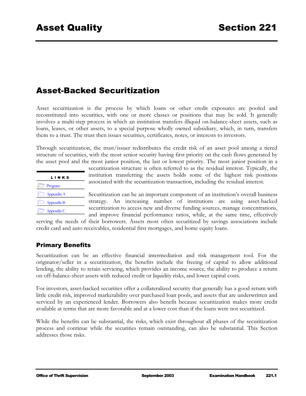 Examination Handbook 221, Asset-Backed Securitization, September 2003