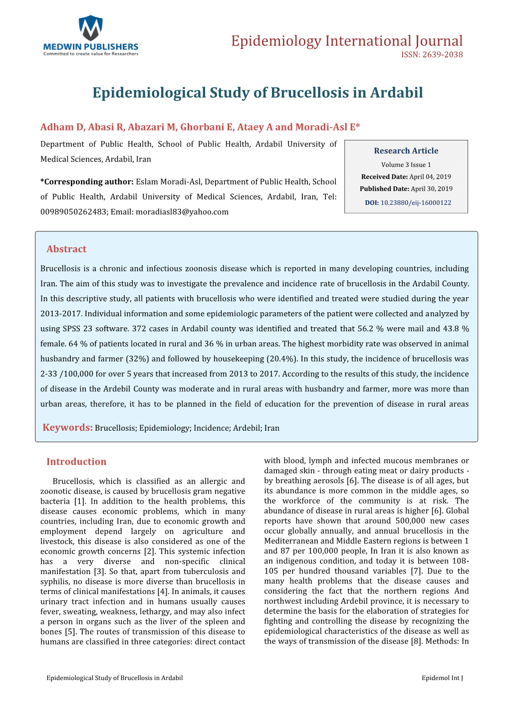 Moradi-Asl E, Et Al. Epidemiological Study of Brucellosis in Ardabil