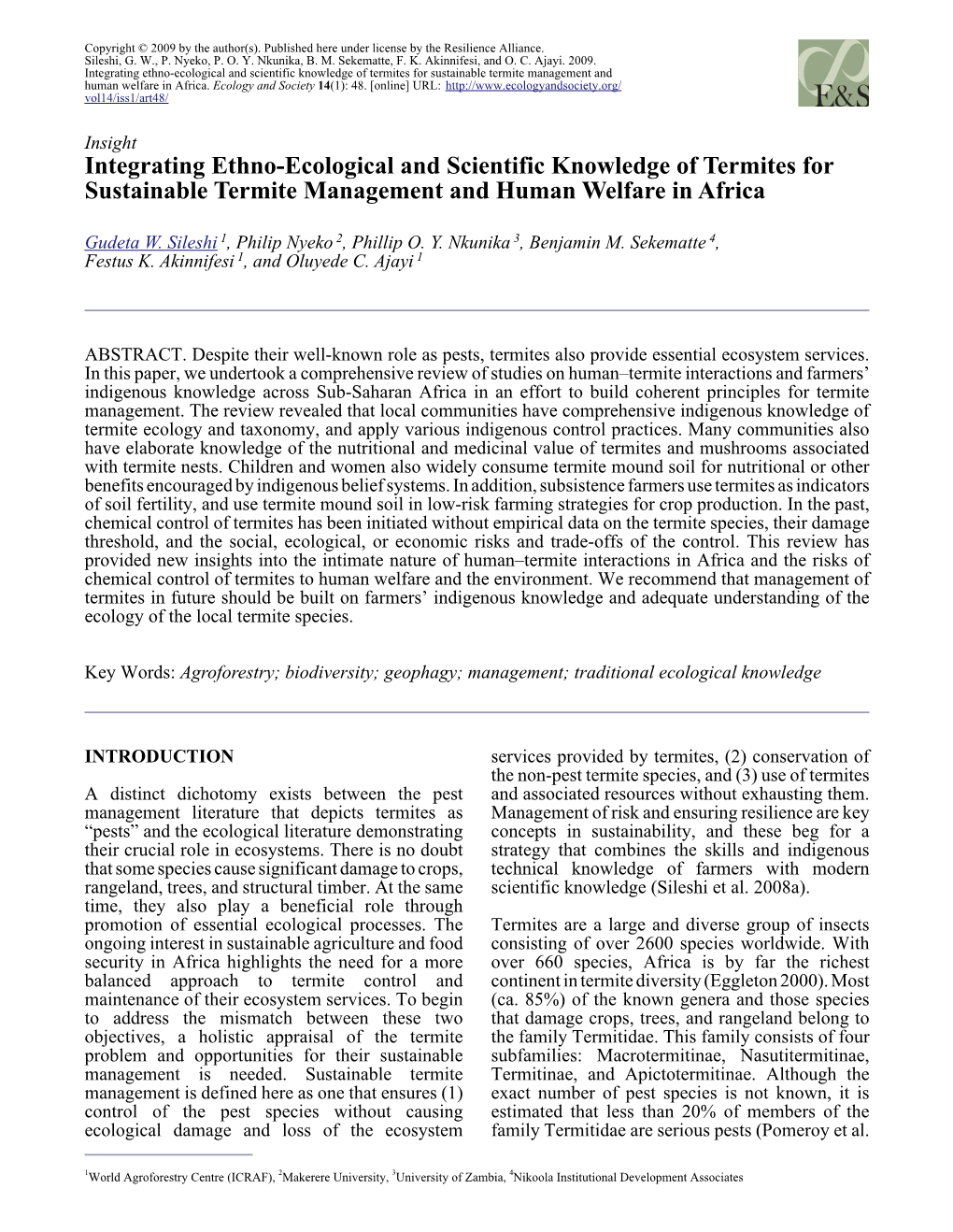 Integrating Ethno-Ecological and Scientific Knowledge of Termites for Sustainable Termite Management and Human Welfare in Africa