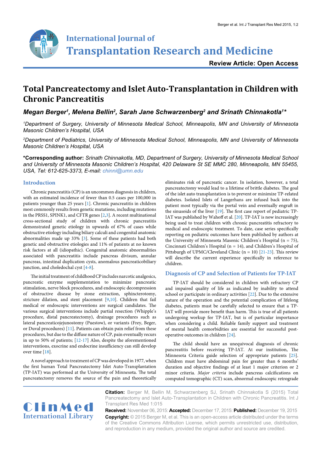 Total Pancreatectomy and Islet Auto-Transplantation in Children