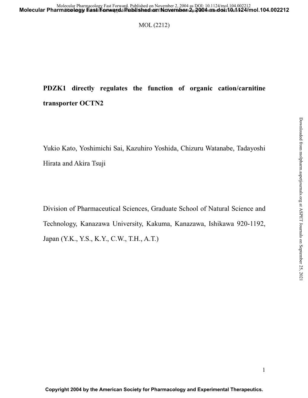 PDZK1 Directly Regulates the Function of Organic Cation/Carnitine