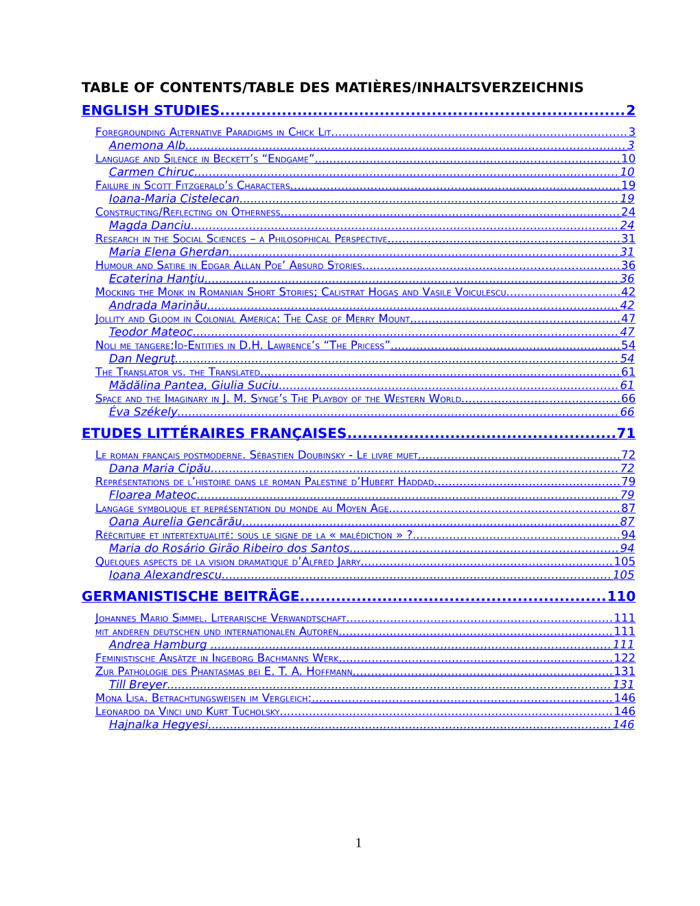 Table of Contents/Table Des Matières/Inhaltsverzeichnis English Studies