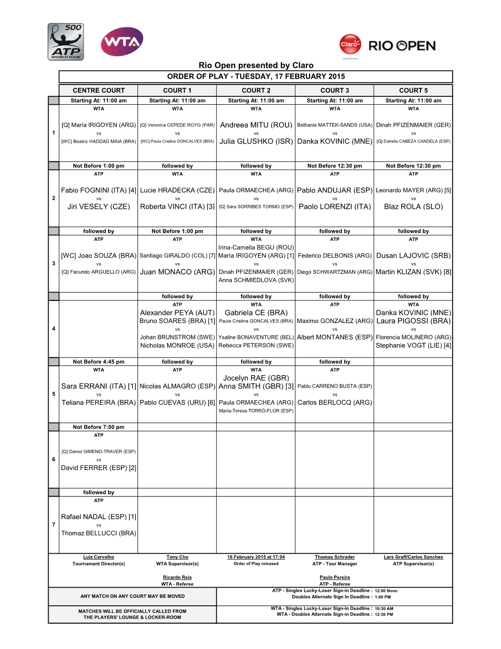 Rio Open Presented by Claro ORDER of PLAY - TUESDAY, 17 FEBRUARY 2015