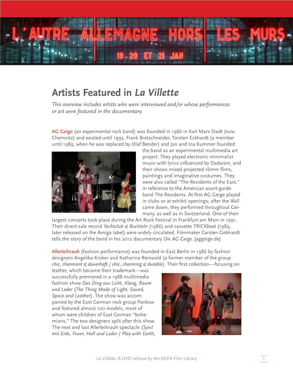 Artists Featured in La Villette This Overview Includes Artists Who Were Interviewed And/Or Whose Performances Or Art Were Featured in the Documentary