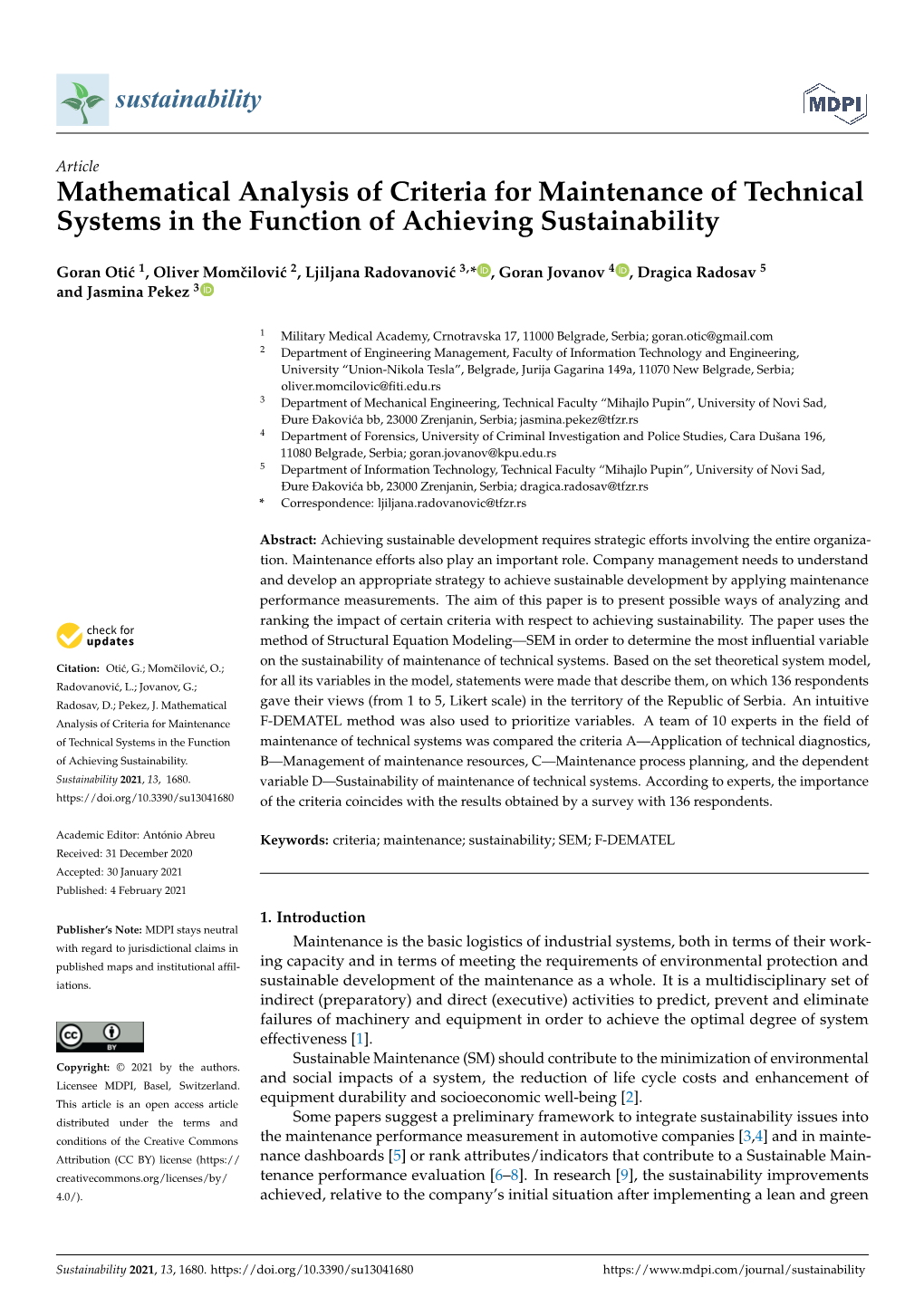 Mathematical Analysis of Criteria for Maintenance of Technical Systems in the Function of Achieving Sustainability
