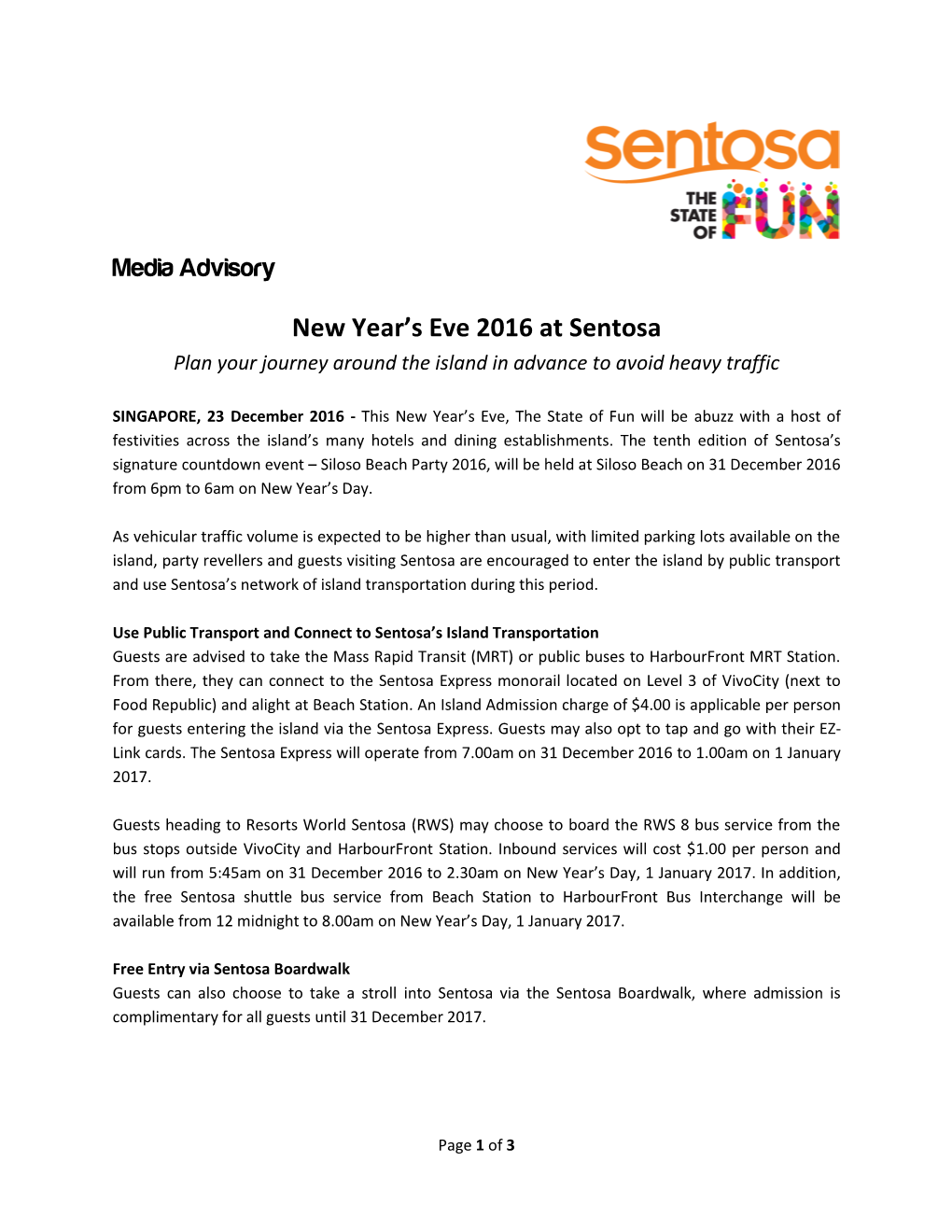 NEWS New Year's Eve 2016 at Sentosa 23 DEC 2016