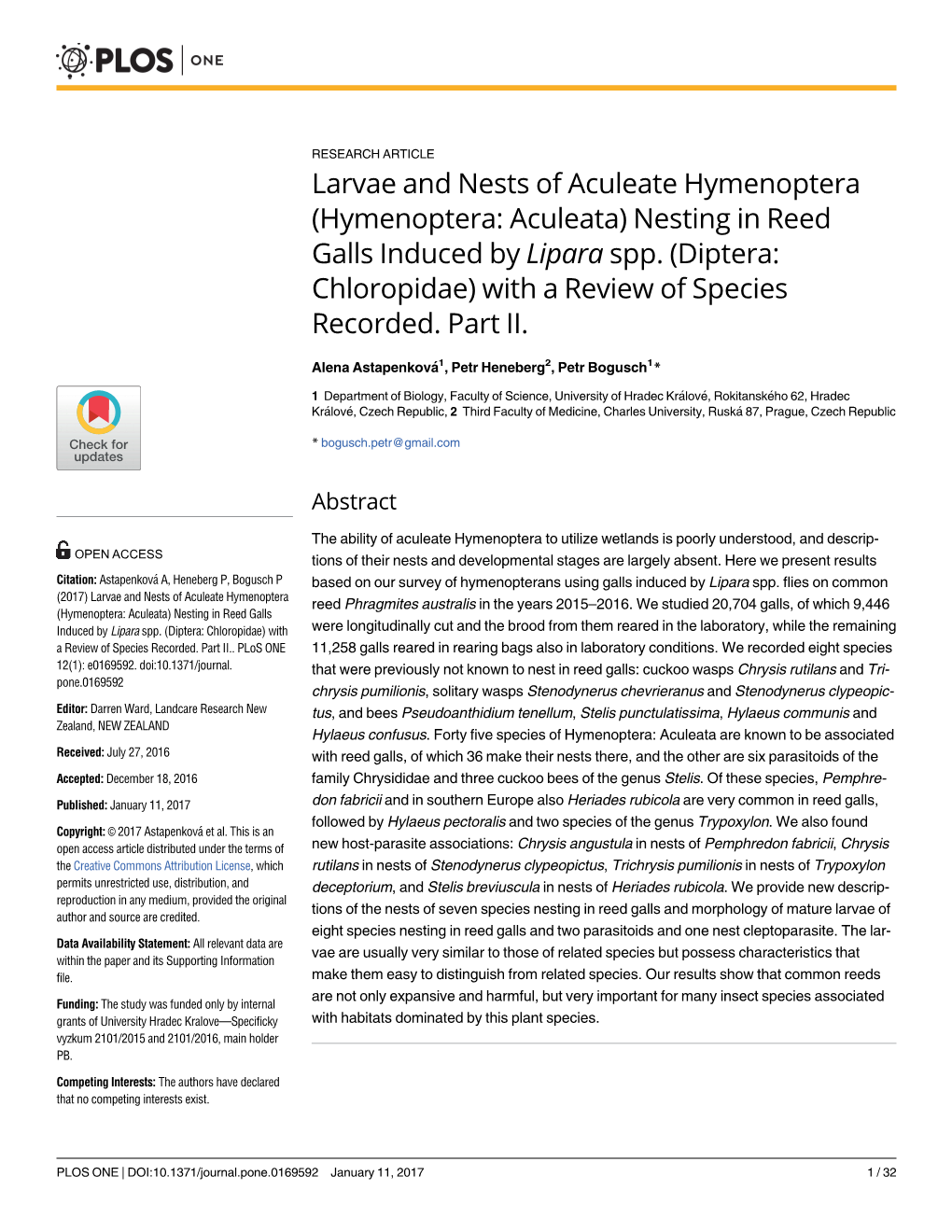 (Hymenoptera: Aculeata) Nesting in Reed Galls Induced by Lipara Spp. (Diptera: Chloropidae) with a Review of Species Recorded