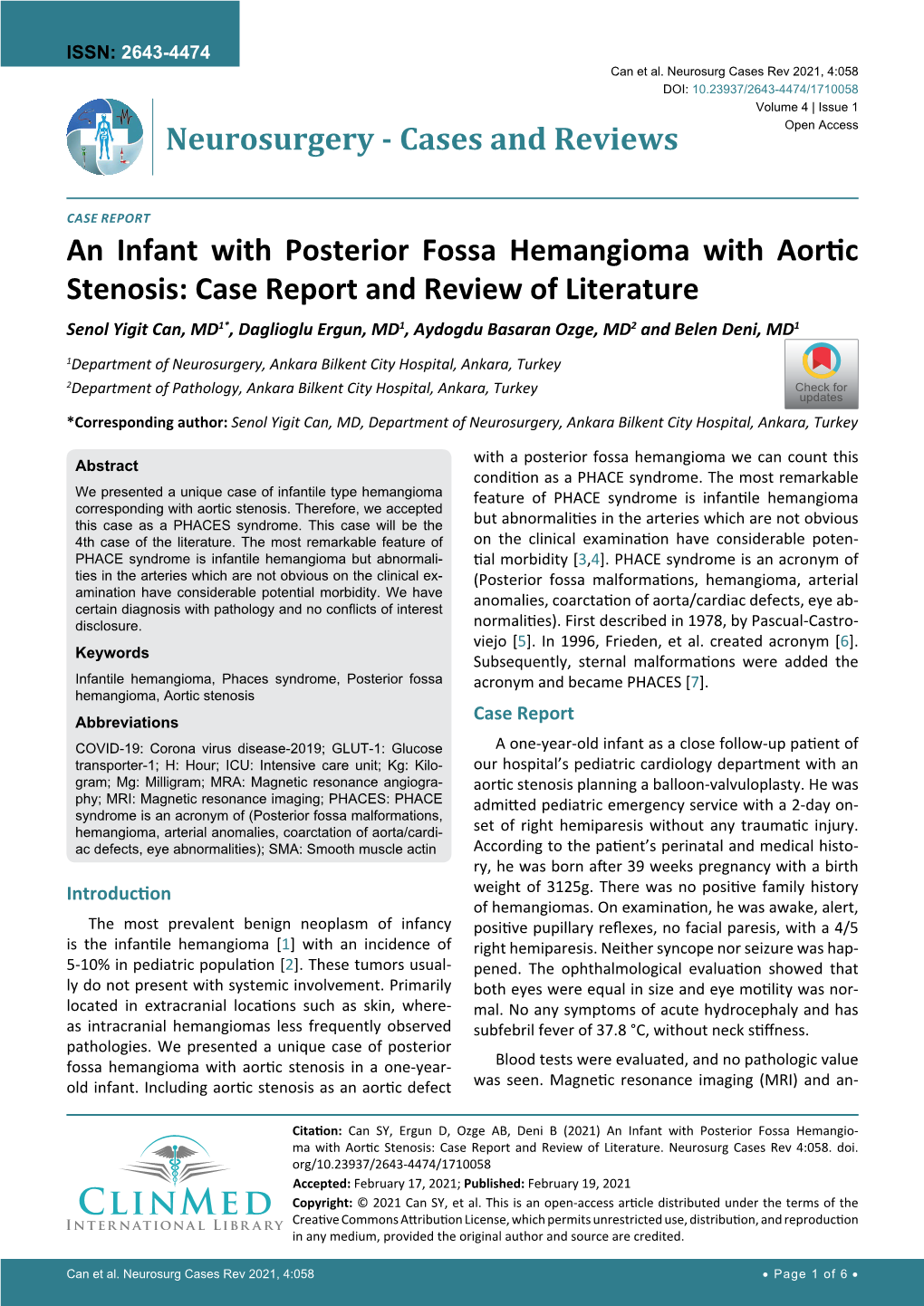 An Infant with Posterior Fossa Hemangioma with Aortic Stenosis: Case Report and Review of Literature