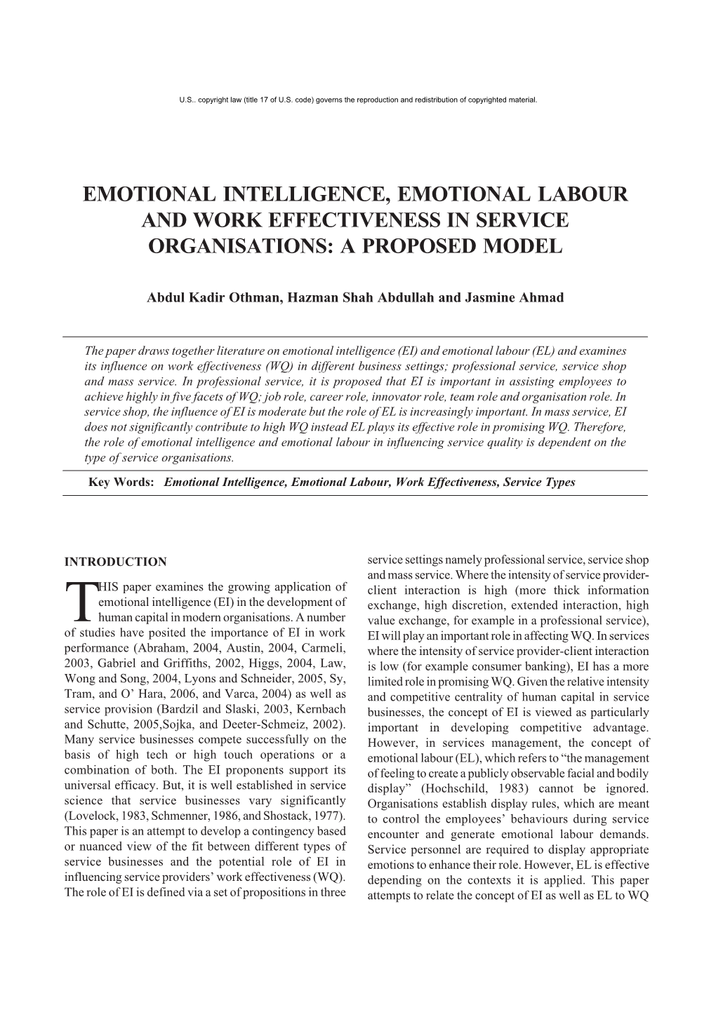 Emotional Intelligence, Emotional Labour and Work Effectiveness in Service Organisations: a Proposed Model
