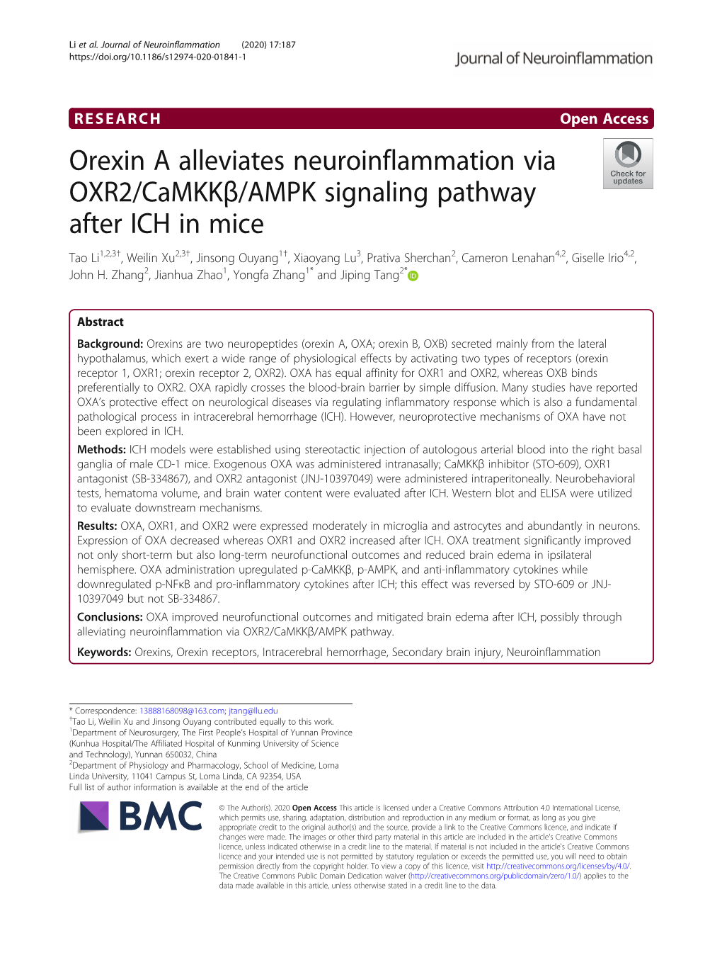 Orexin a Alleviates Neuroinflammation Via OXR2/Camkkβ/AMPK