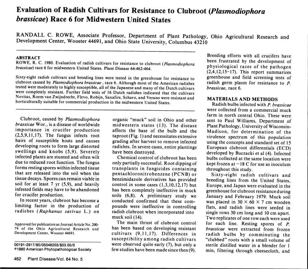 Evaluation of Radish Cultivars for Resistance to Clubroot (Plasmodiophora Brassicae) Race 6 for Midwestern United States