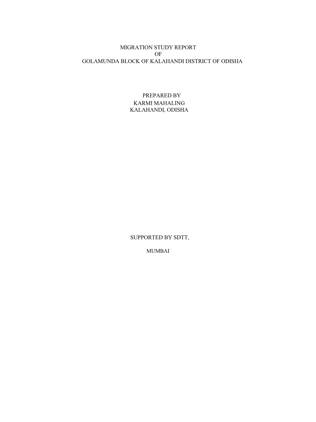 Migration Study Report of Golamunda Block of Kalahandi District of Odisha