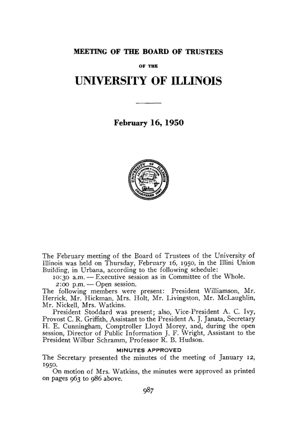 February 16, 1950, Minutes | UI Board of Trustees
