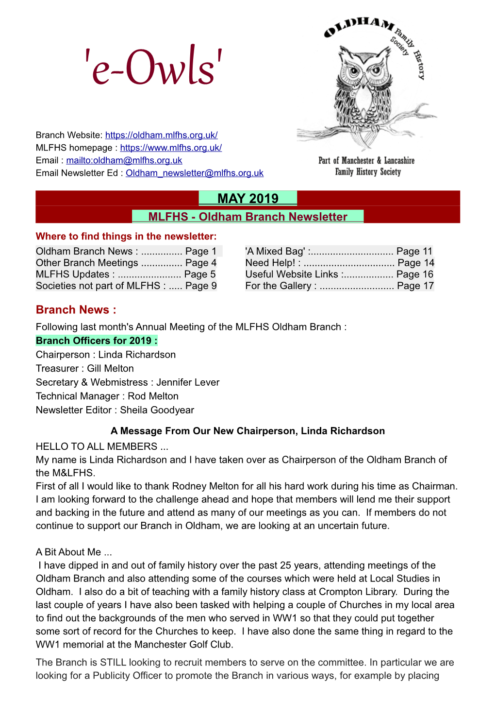 MAY 2019 MLFHS - Oldham Branch Newsletter Where to Find Things in the Newsletter: Oldham Branch News :