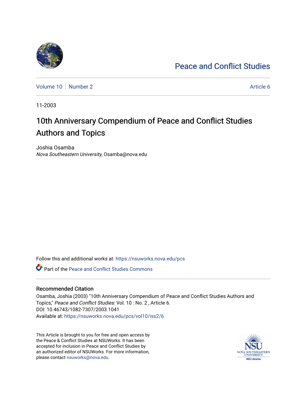 10Th Anniversary Compendium of Peace and Conflict Studies Authors and Topics