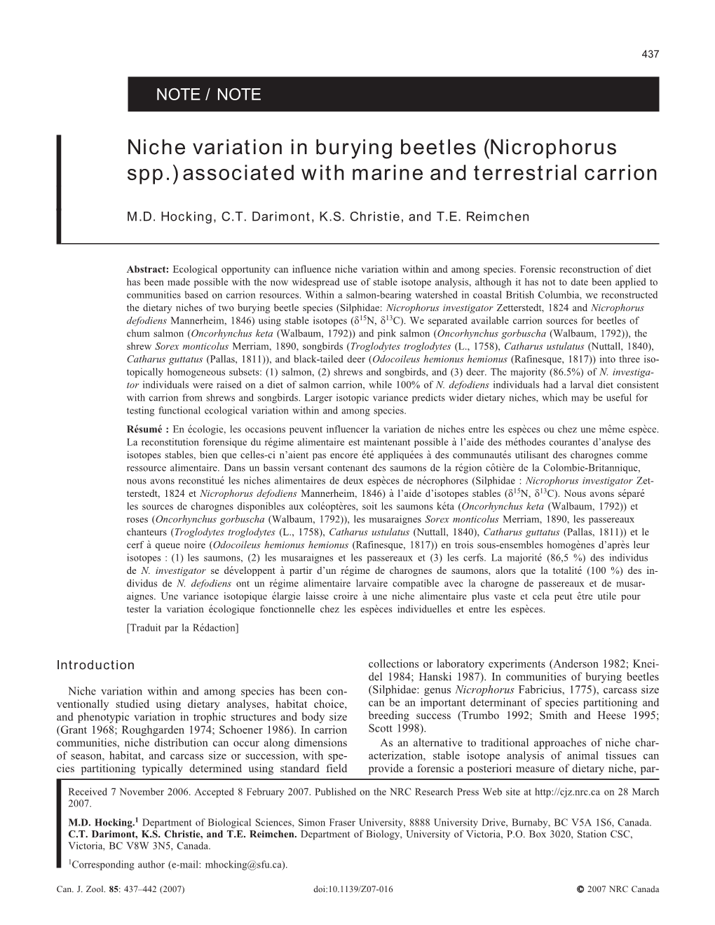 Niche Variation in Burying Beetles (Nicrophorus Spp.) Associated with Marine and Terrestrial Carrion