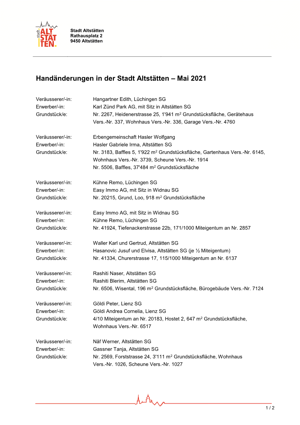 Handänderungen in Der Stadt Altstätten – Mai 2021