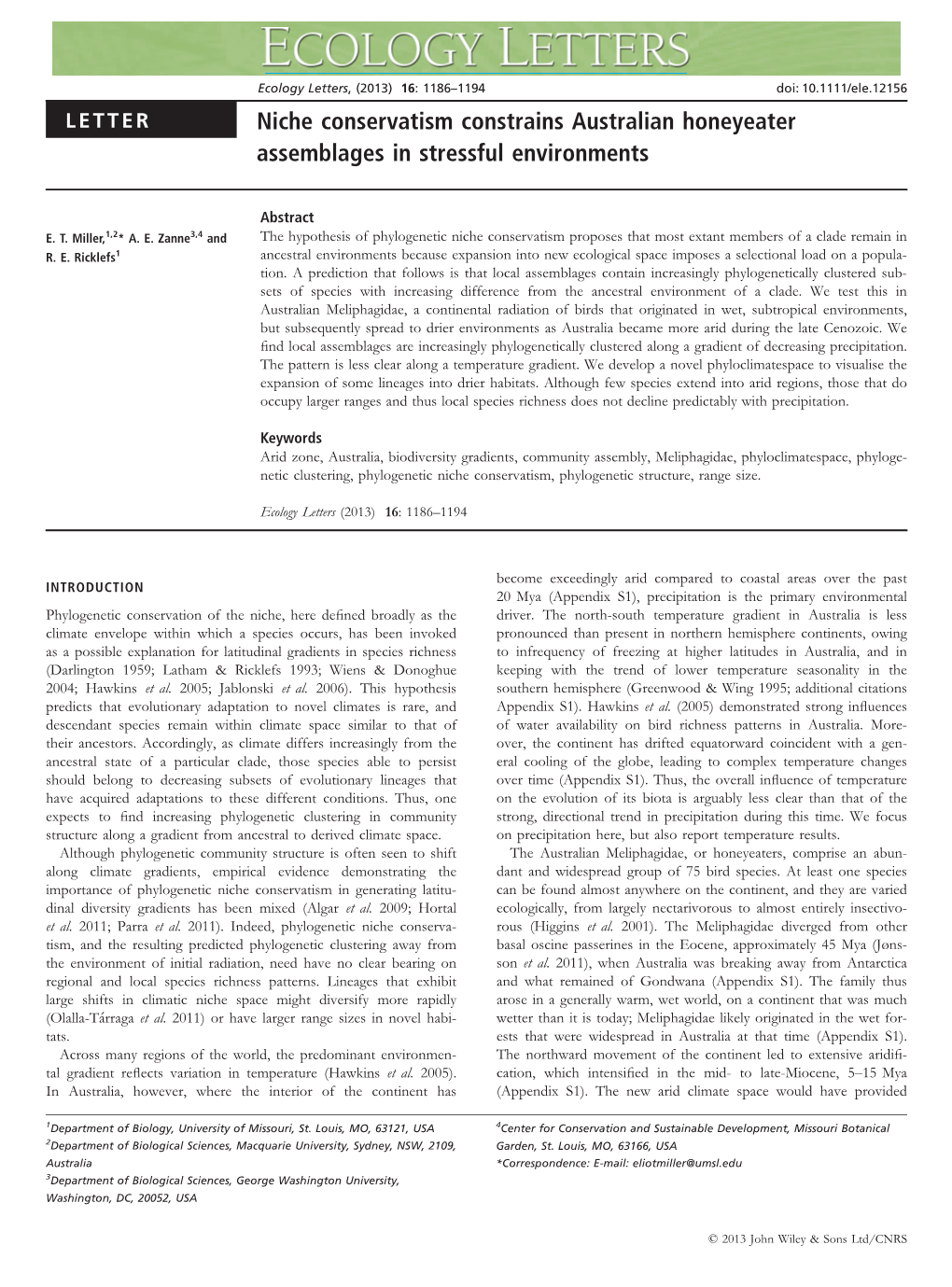 Niche Conservatism Constrains Australian Honeyeater Assemblages in Stressful Environments