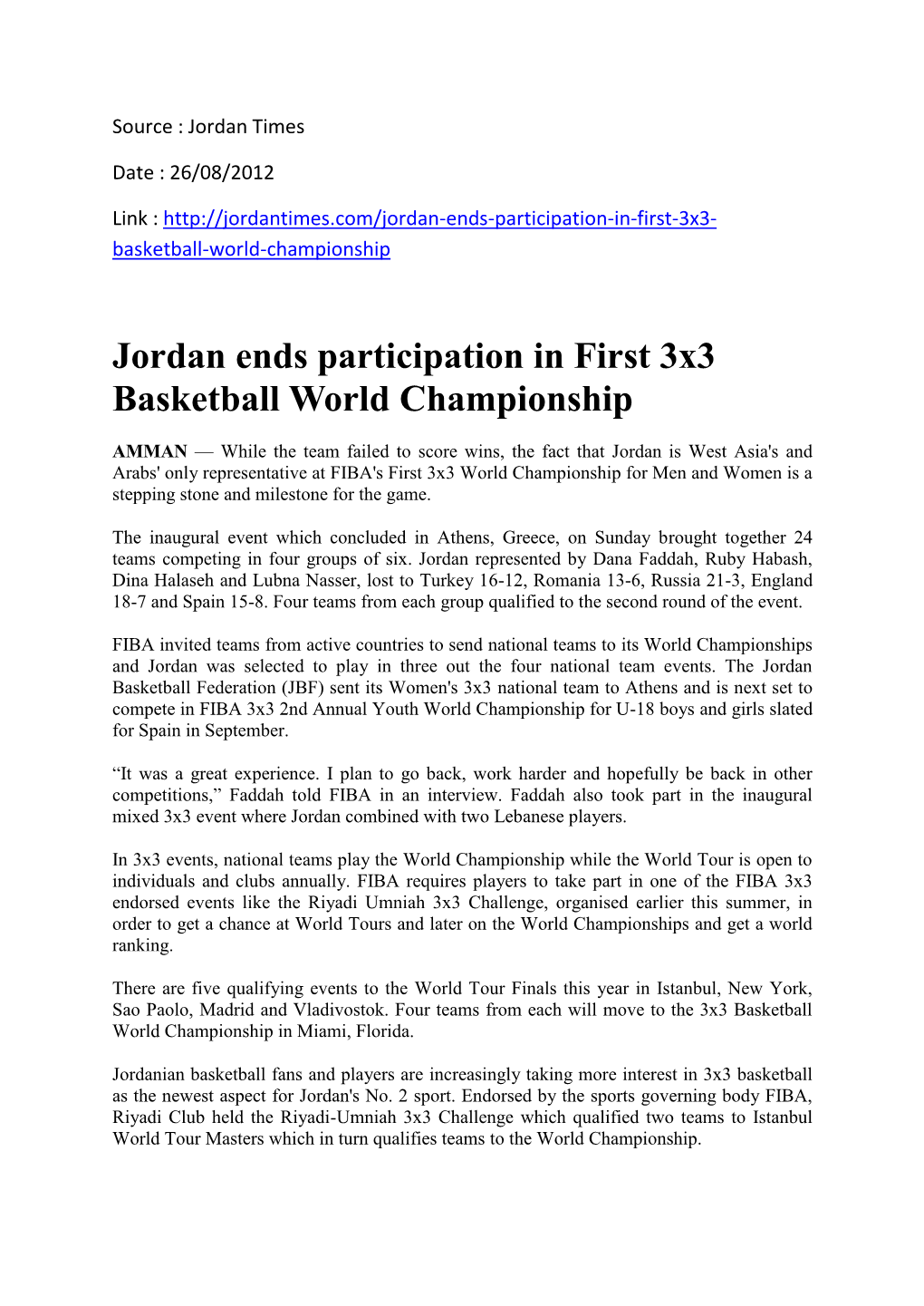 Jordan Ends Participation in First 3X3 Basketball World Championship