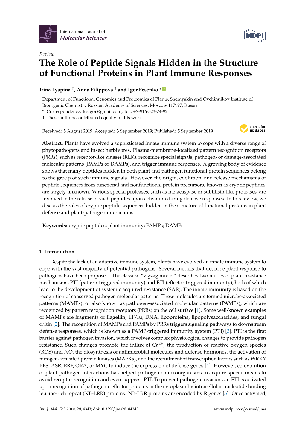 The Role of Peptide Signals Hidden in the Structure of Functional Proteins in Plant Immune Responses