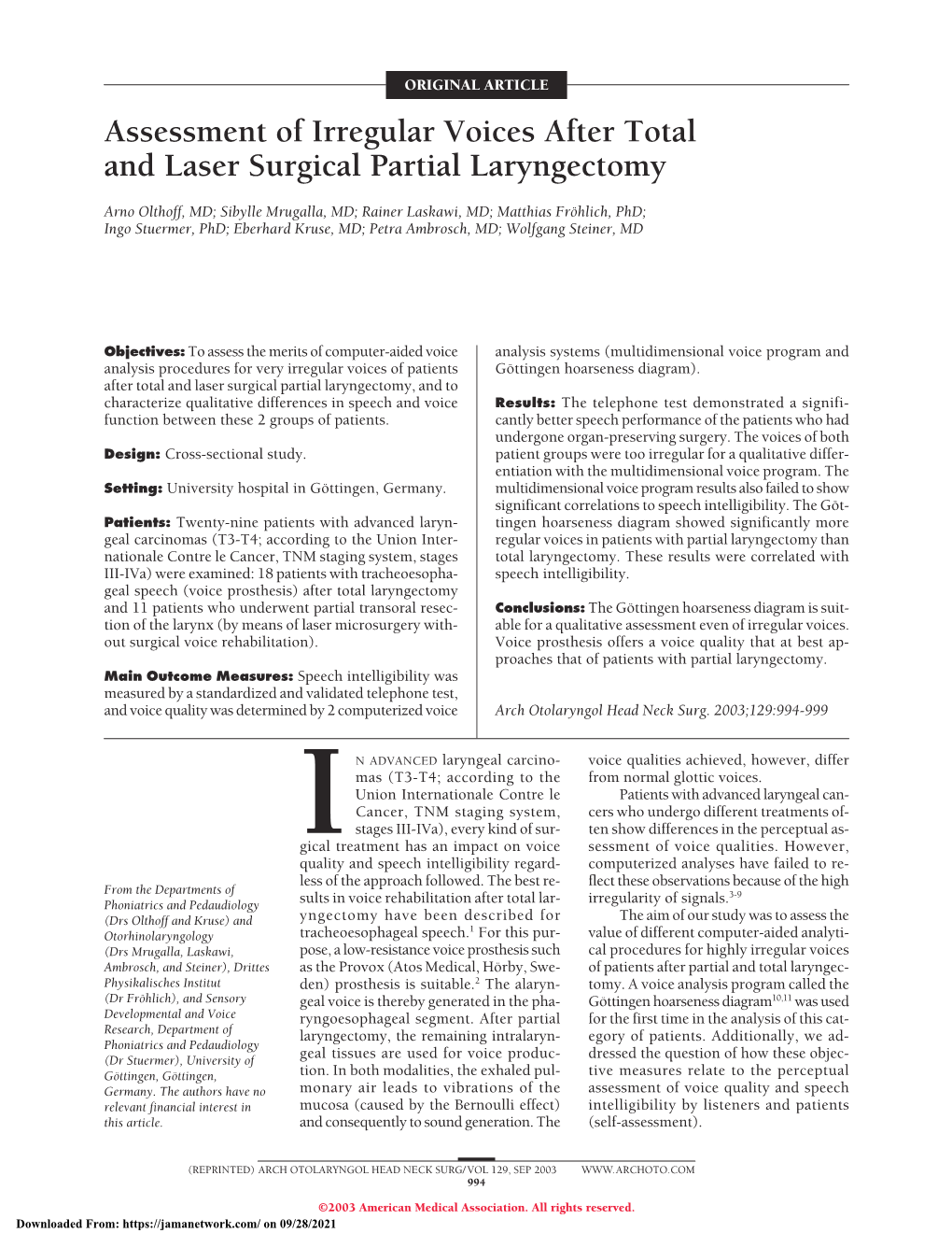 Assessment of Irregular Voices After Total and Laser Surgical Partial Laryngectomy