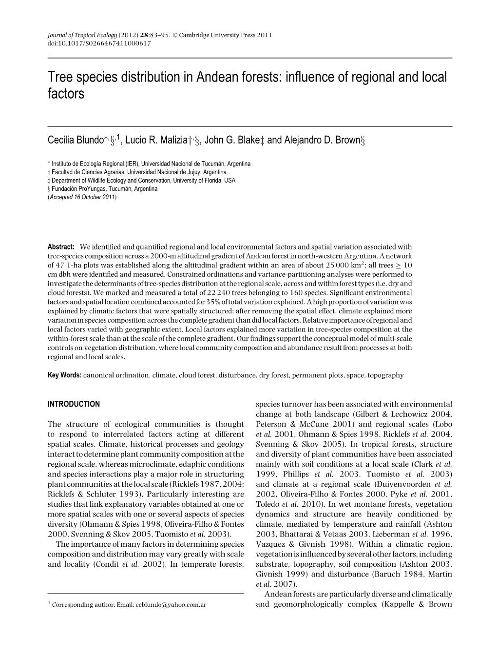 Tree Species Distribution in Andean Forests: Inﬂuence of Regional and Local Factors