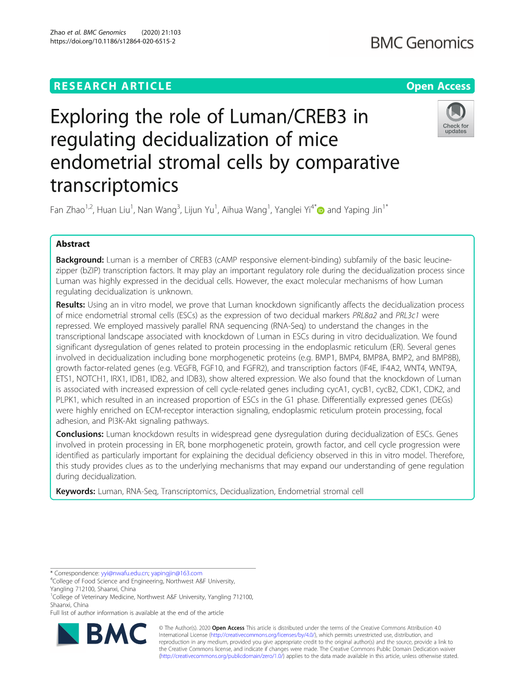Exploring the Role of Luman/CREB3 in Regulating Decidualization of Mice