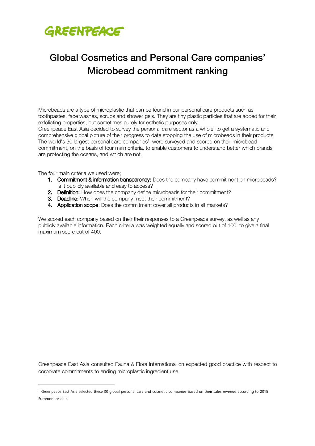 Global Cosmetics and Personal Care Companies' Microbead Commitment Ranking