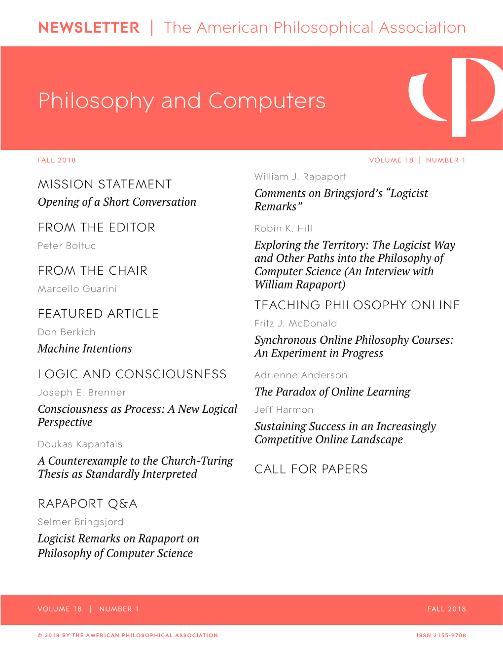 APA Newsletter on Philosophy and Computers, Vol. 18, No. 1