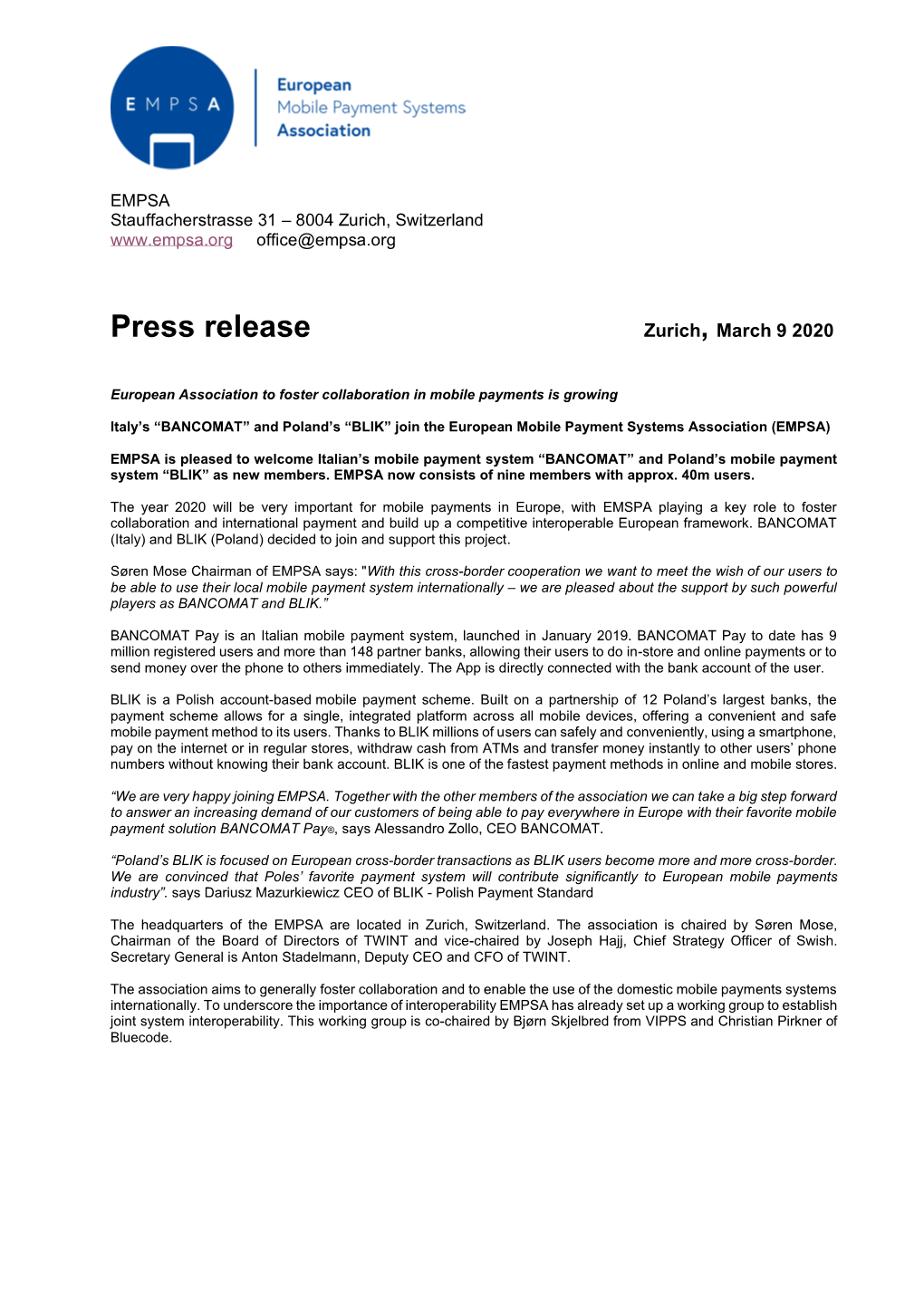 Press Release Zurich, March 9 2020