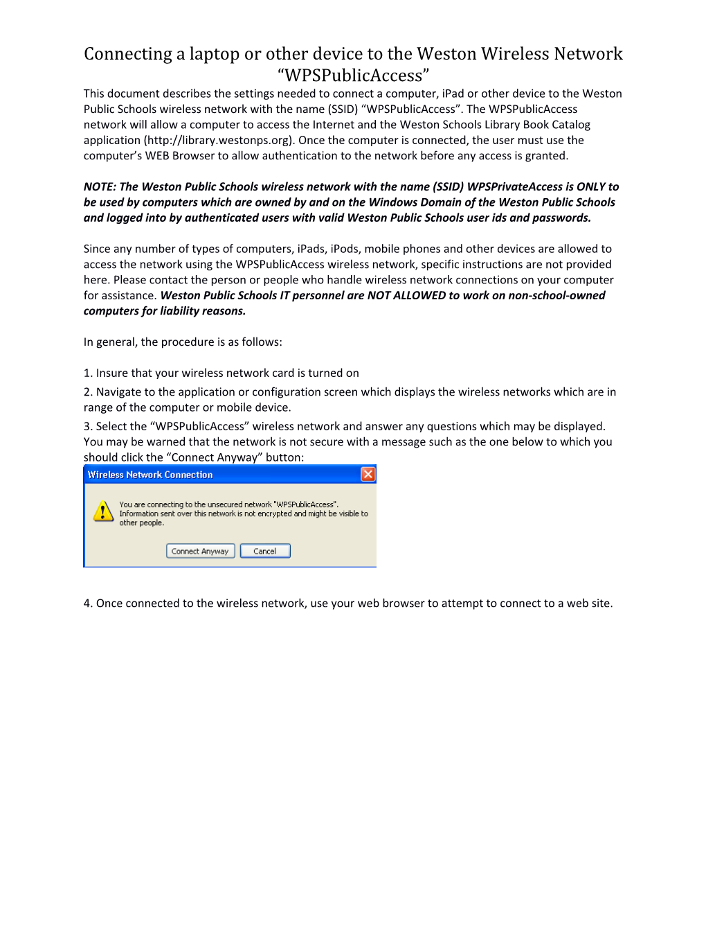 Connecting a Laptop Or Other Device to the Weston Wireless Network Wpspublicaccess