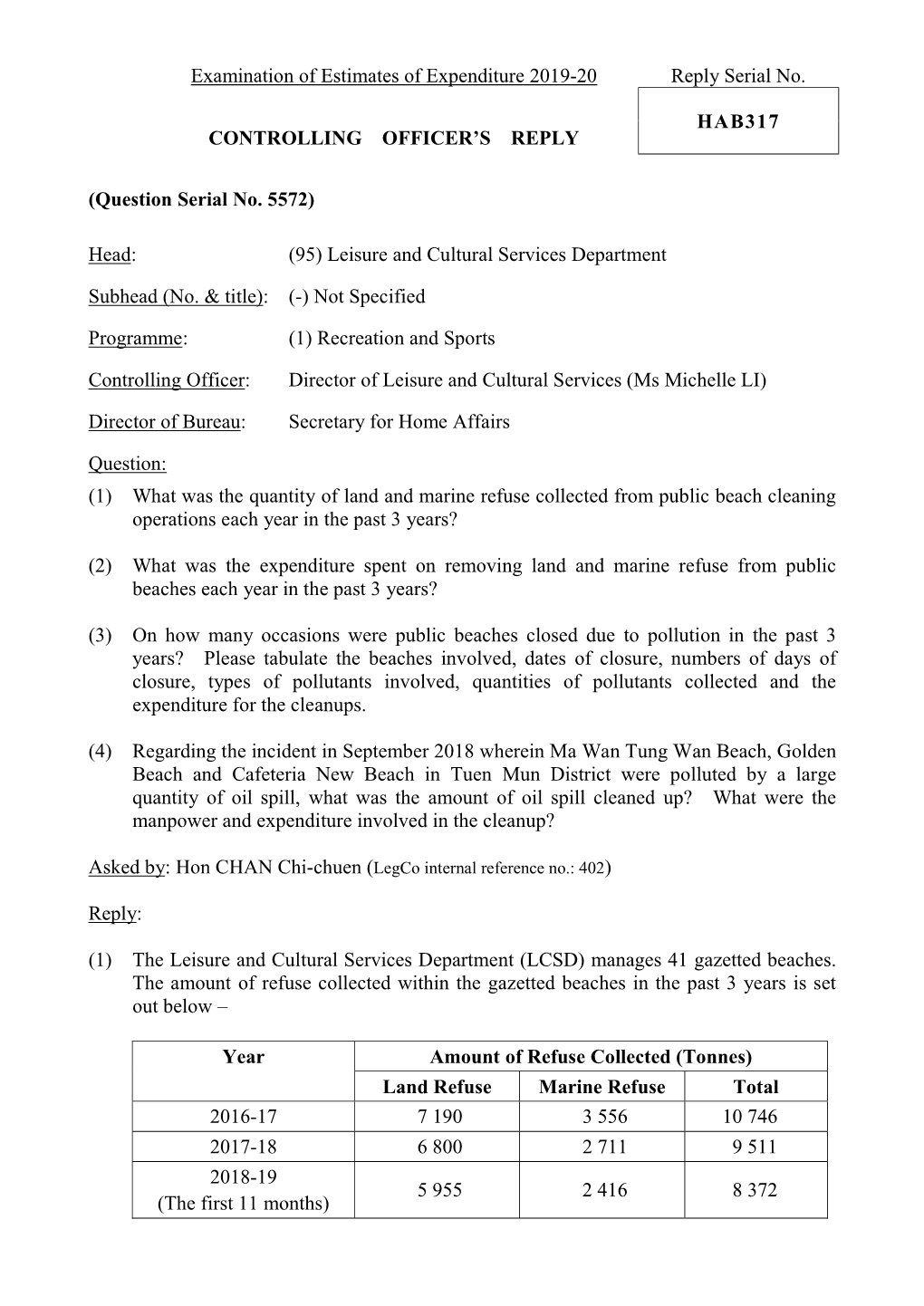 Examination of Estimates of Expenditure 2019-20 Reply Serial No