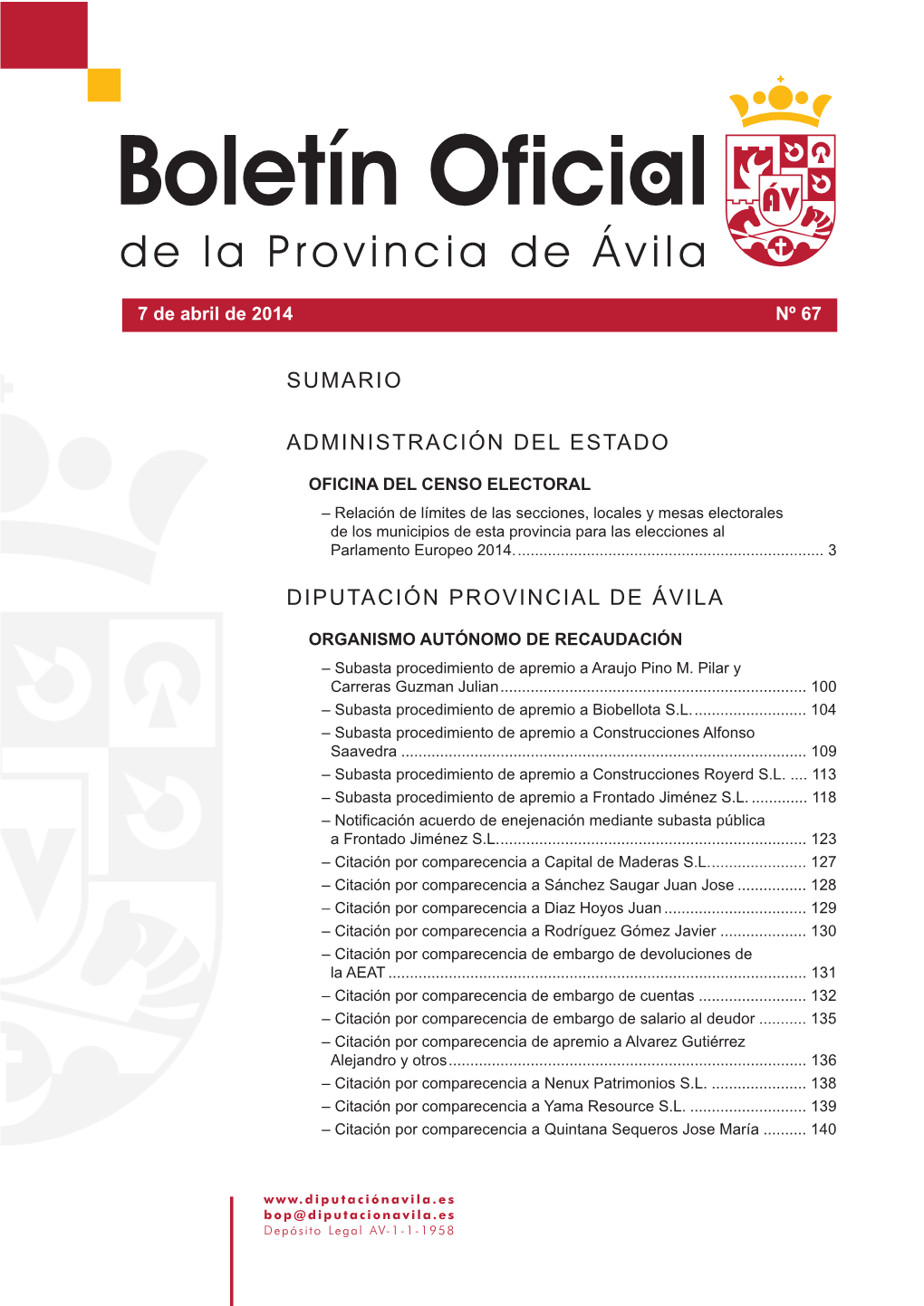 Administración Del Estado Diputación Provincial De Ávila Sumario