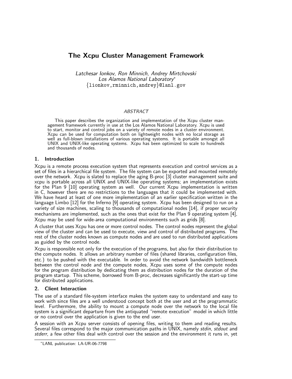 The Xcpu Cluster Management Framework