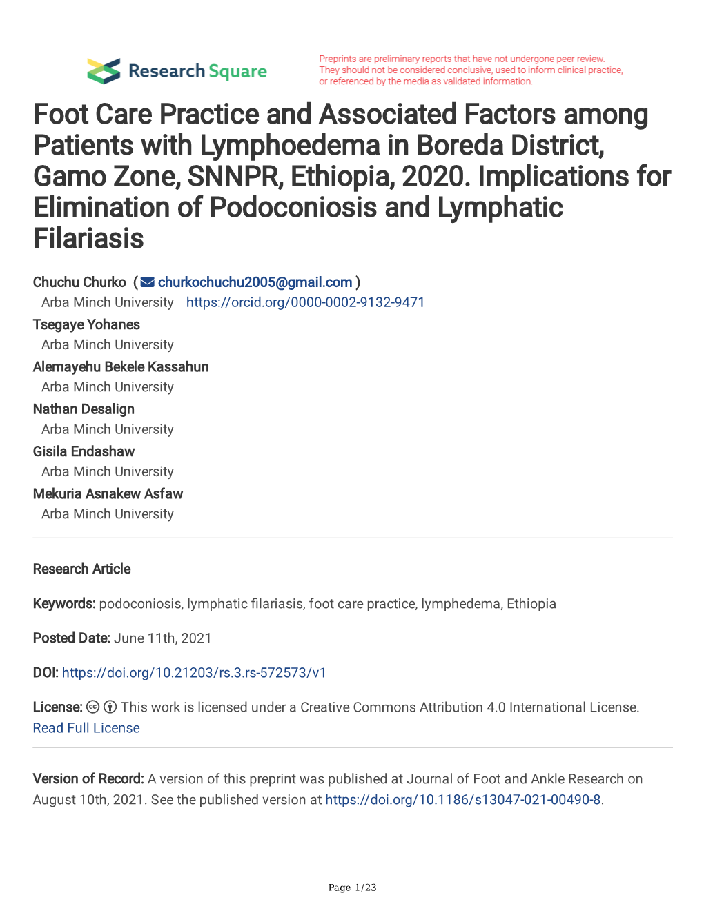 Foot Care Practice and Associated Factors Among Patients with Lymphoedema in Boreda District, Gamo Zone, SNNPR, Ethiopia, 2020