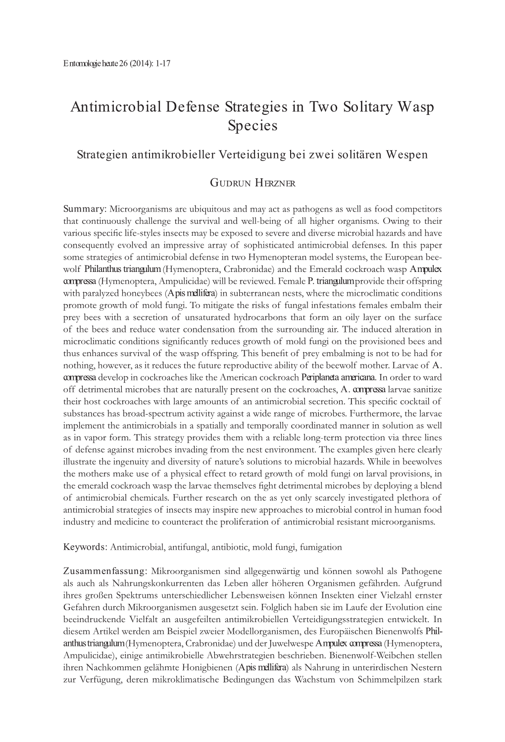 Antimicrobial Defense Strategies in Two Solitary Wasp Species 1