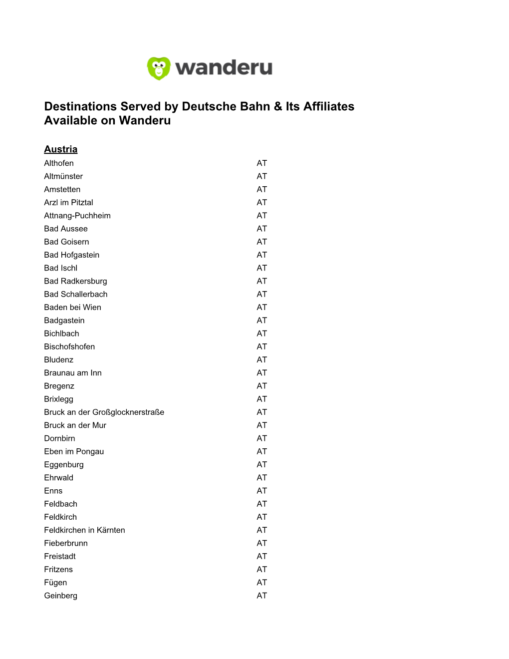 Destinations Served by Deutsche Bahn & Its Affiliates