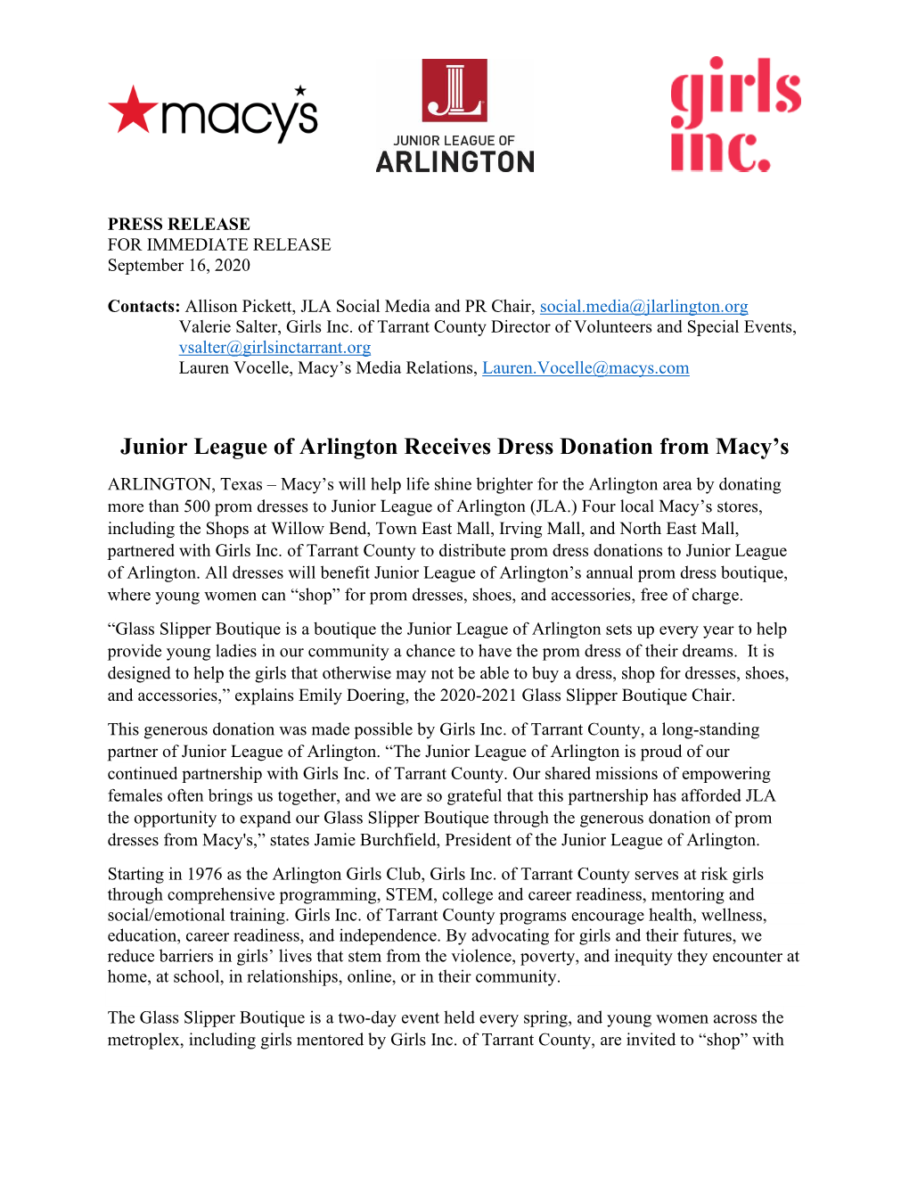 Junior League of Arlington Receives Dress Donation from Macy's