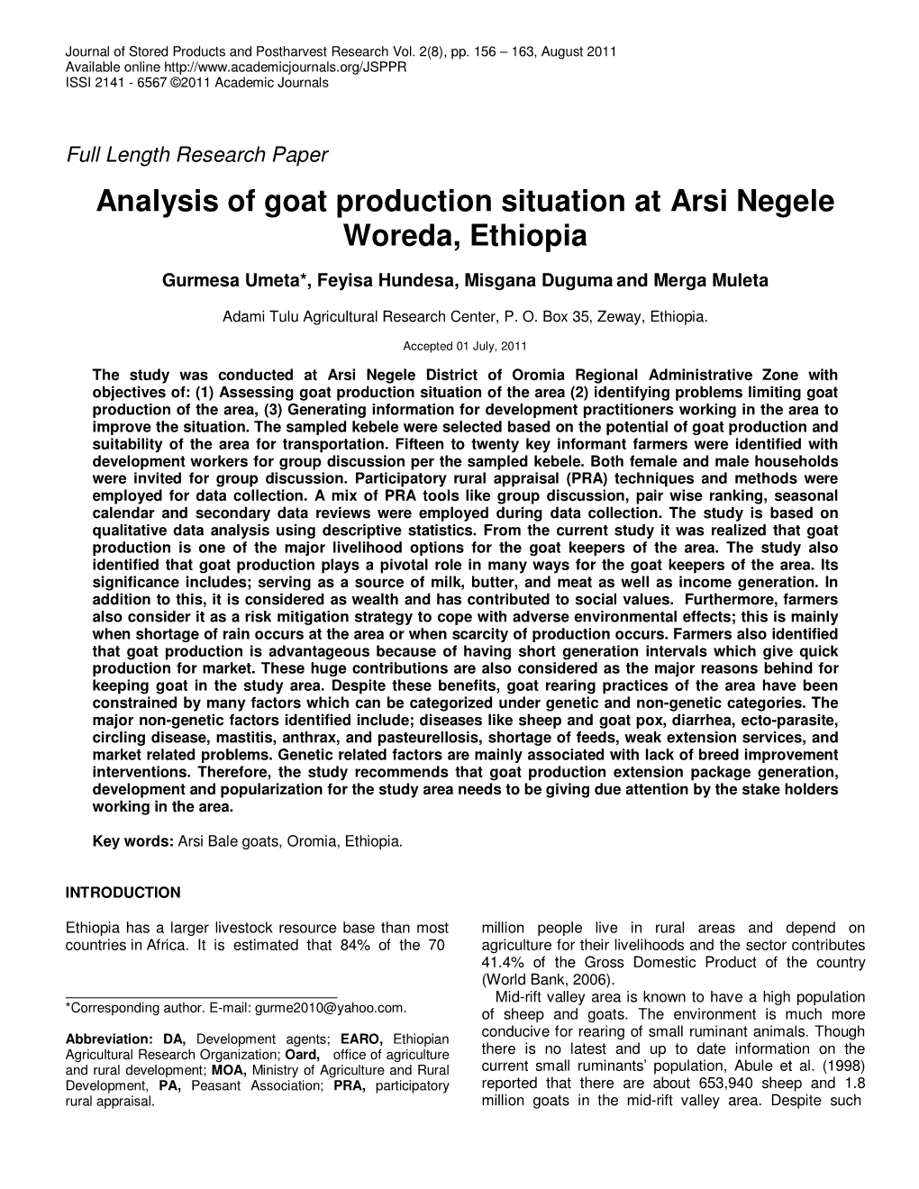 Analysis of Goat Production Situation at Arsi Negele Woreda, Ethiopia