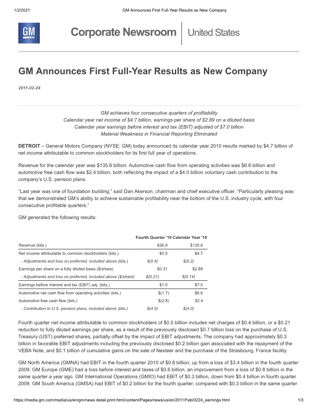 GM Announces First Full-Year Results As New Company