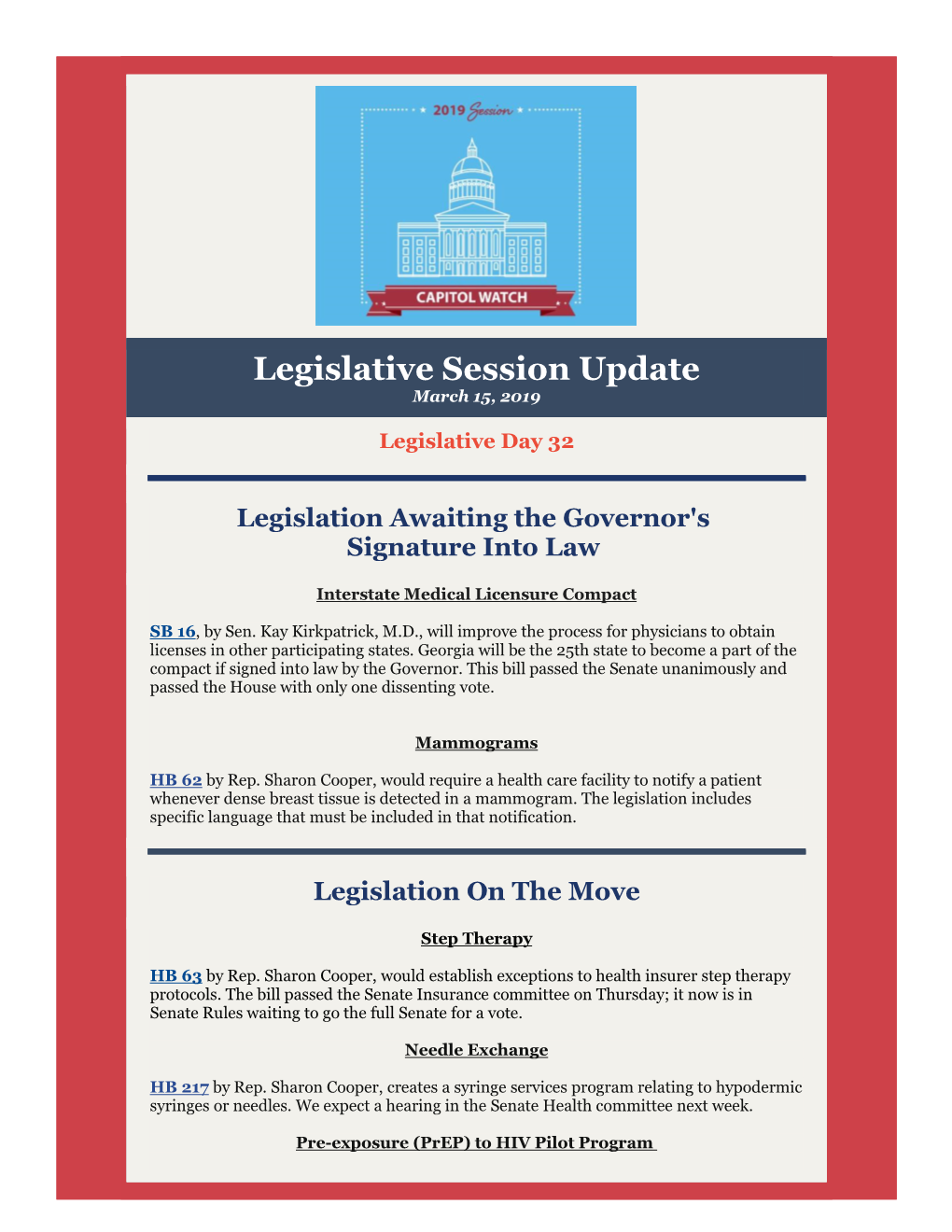 Legislative Session Update March 15, 2019