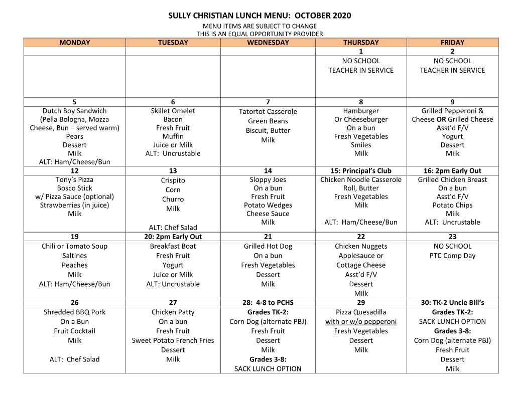 Sully Christian Lunch Menu: October 2020