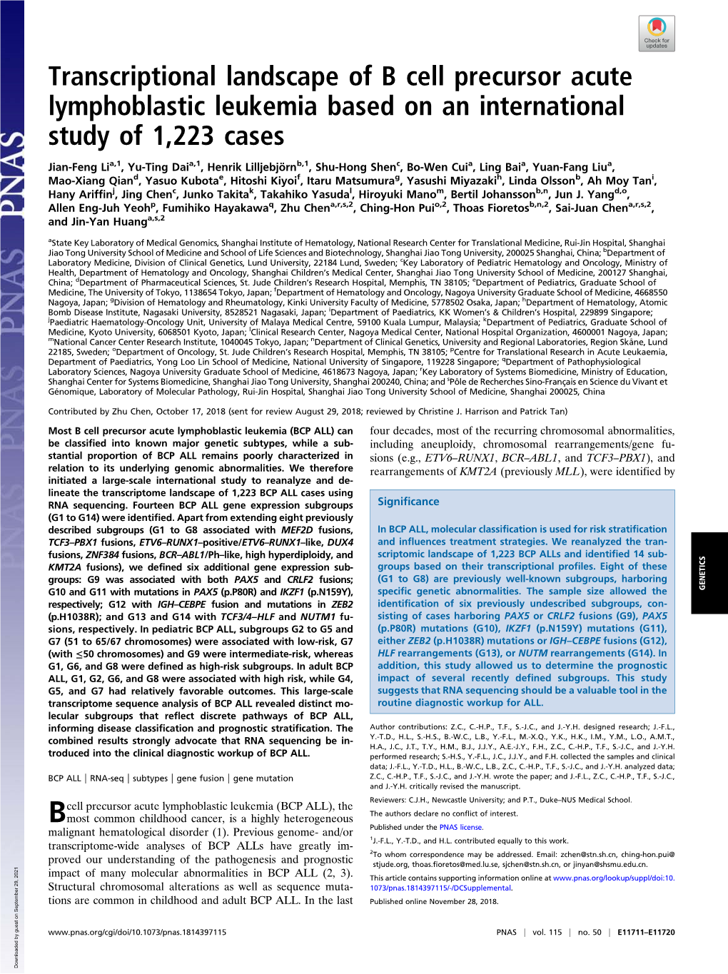 Transcriptional Landscape of B Cell Precursor Acute Lymphoblastic Leukemia Based on an International Study of 1,223 Cases