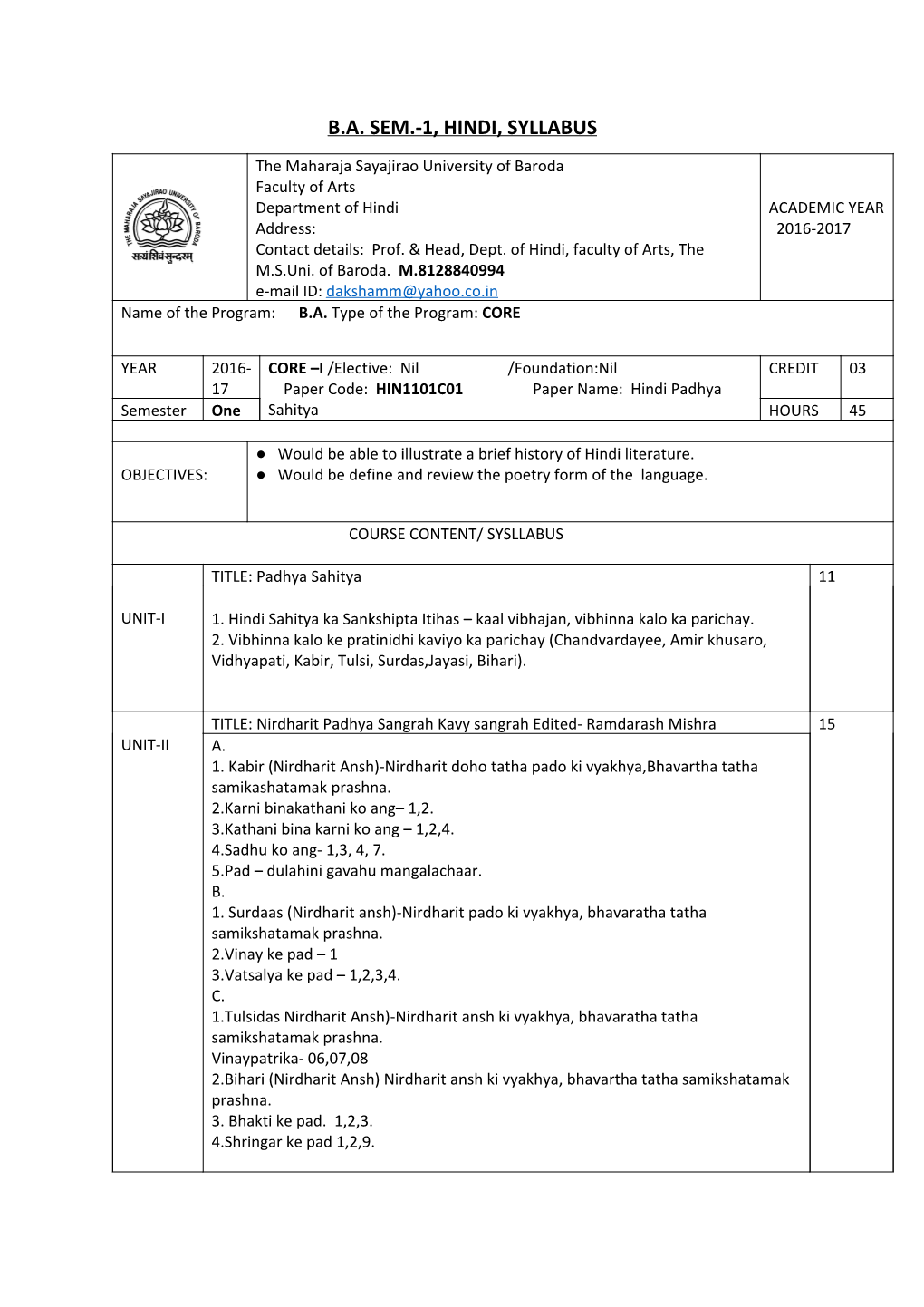 Ba Sem.-1, Hindi, Syllabus