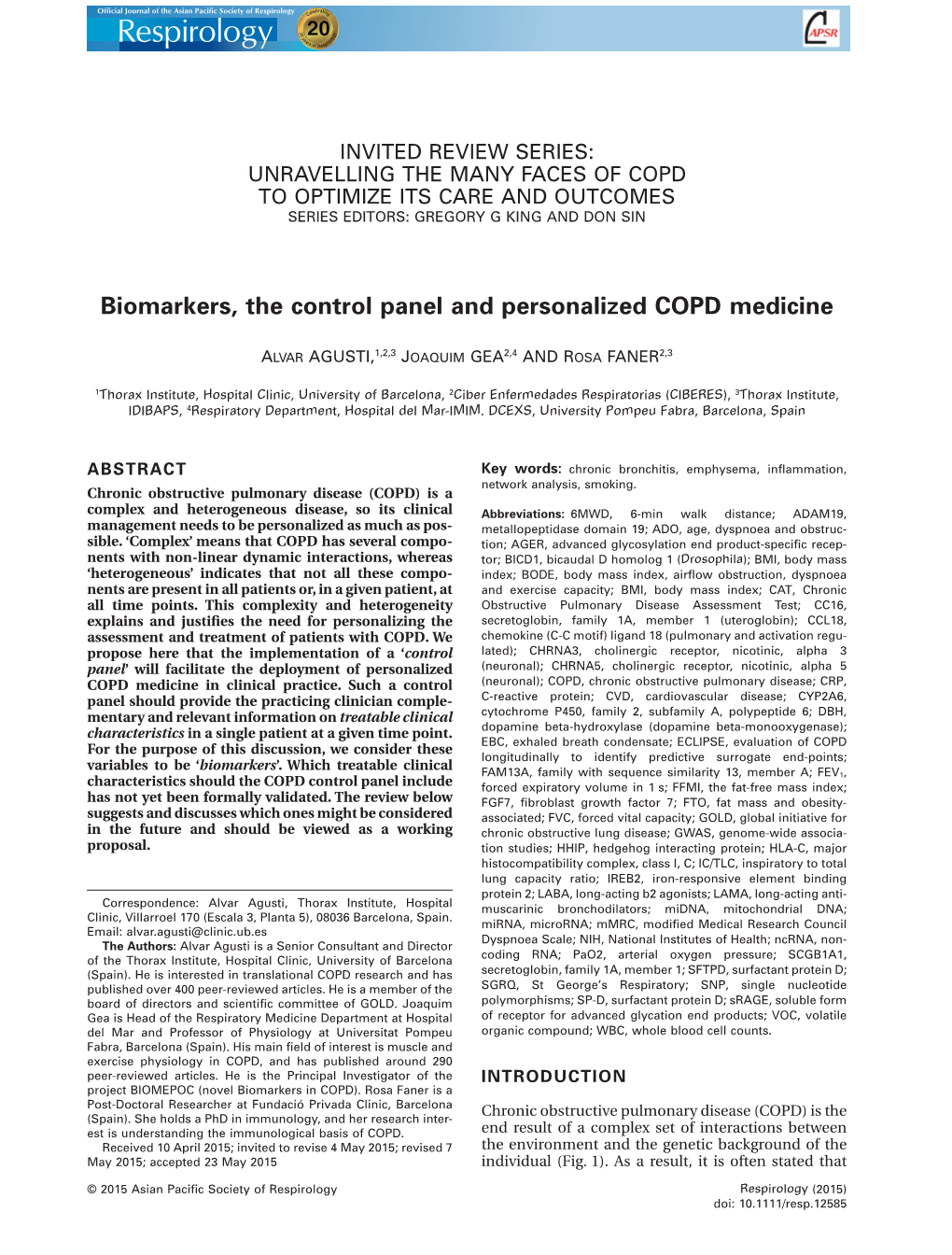 Biomarkers, the Control Panel and Personalized COPD Medicine